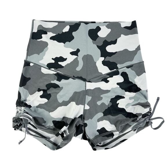 Aerie Offline Real Me Grey Camo High Waisted Ruched Tie 3" Bike Shorts Medium - Picture 1 of 6